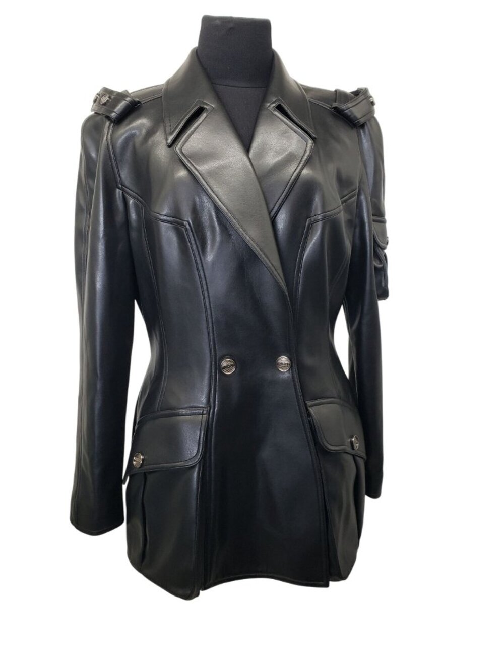 Vintage Mugler Trademark 90s PVC Faux Leather Moto Blazer Jacket Double Breasted